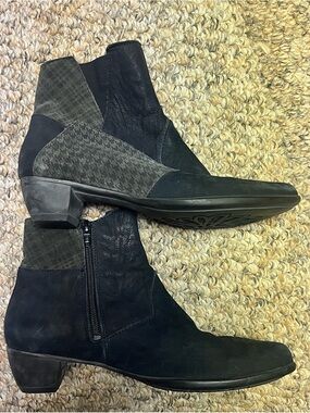 Women’s Think! Black Suede Ankle Boots with Patchwork Houndstooth Detail size 38
